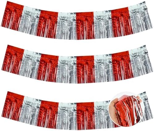 Red Silver Fringe Garland Banner 30ft Wall Tinsel Foil Streamers in Red Silver