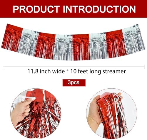 Red Silver Fringe Garland Banner 30ft Wall Tinsel Foil Streamers in Red Silver, alternate view 2