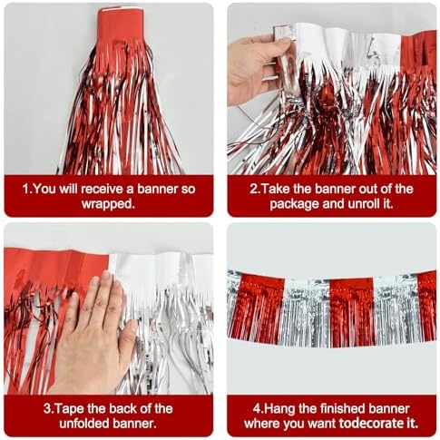 Red Silver Fringe Garland Banner 30ft Wall Tinsel Foil Streamers in Red Silver, alternate view 3
