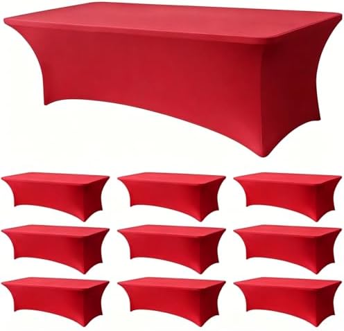Red Spandex Tablecloth 10 Pack, 8FT Fitted Stretch Table Cloth with Reinforced Foot Pockets for 96 x 30 x 30