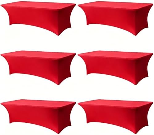 Red Spandex Tablecloth 6 Pack, 8FT Fitted Stretch Table Cloth with Reinforced Foot Pockets for 96 x 30 x 30 Inch