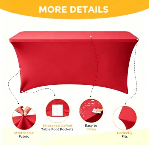 Red Spandex Tablecloth 6 Pack, 8FT Fitted Stretch Table Cloth with Reinforced Foot Pockets for 96 x 30 x 30 Inch, alternate