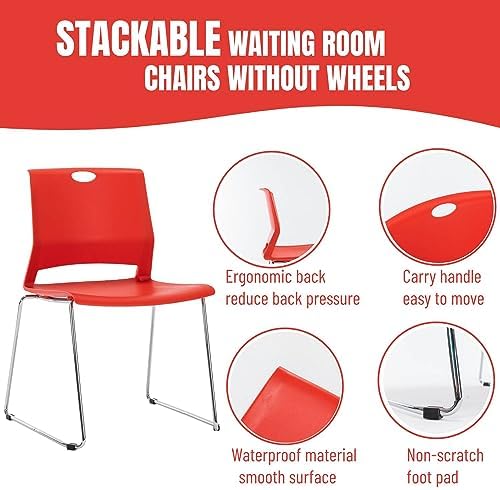 Red Stacking Chairs Set of 8, Hard Plastic Stackable Chair Armless, alternate view 4