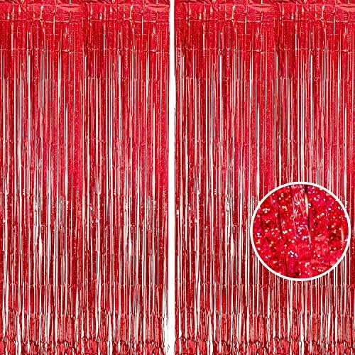 Red Streamers Party Backdrop | Foil Curtain | Halloween Decor in 3.2 ft x 8.2 ft in Red