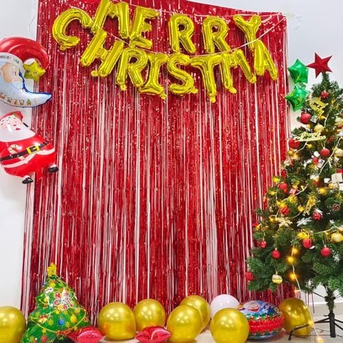Red Streamers Party Backdrop | Foil Curtain | Halloween Decor in 3.2 ft x 8.2 ft in Red, alternate view 5