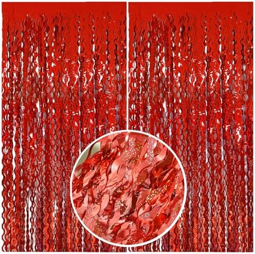 Red Tinsel Foil Fringe Curtains Wavy Backdrop for Parties Sparkle Metallic Wavy Foil Fringe Backdrop Curtain for