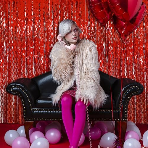 Red Tinsel Foil Fringe Curtains Wavy Backdrop for Parties Sparkle Metallic Wavy Foil Fringe Backdrop Curtain for, alternate