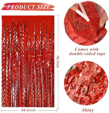 Red Tinsel Foil Fringe Curtains Wavy Backdrop for Parties Sparkle Metallic Wavy Foil Fringe Backdrop Curtain for, alternate