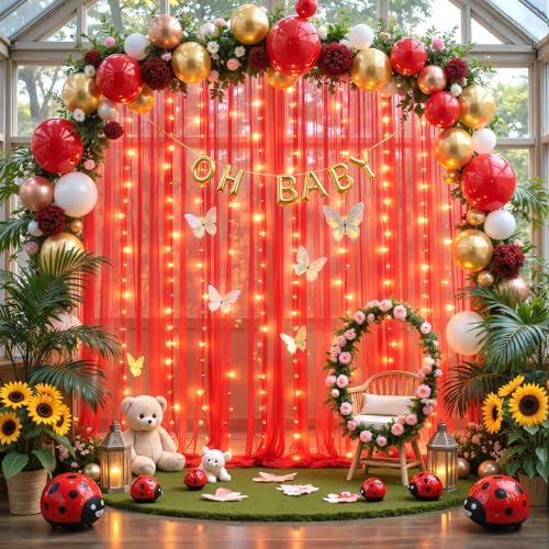 Red Tulle Backdrop Curtain with Lights String for Parites 10x8ft Red Sheer Backdrop Curtains Drapes for Birthday