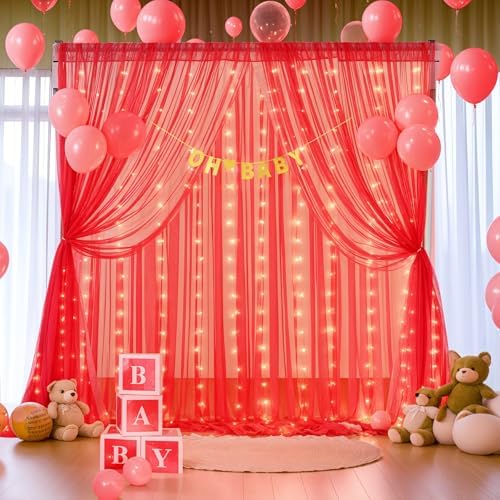 Red Tulle Backdrop Curtain with Lights String for Parites 10x8ft Red Sheer Backdrop Curtains Drapes for Birthday, alternate