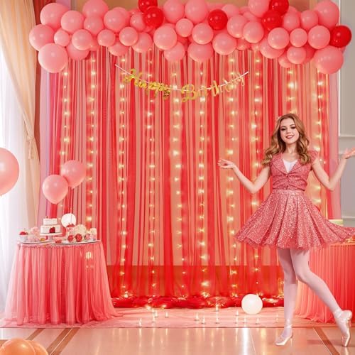 Red Tulle Backdrop Curtain with Lights String for Parites 10x8ft Red Sheer Backdrop Curtains Drapes for Birthday, alternate