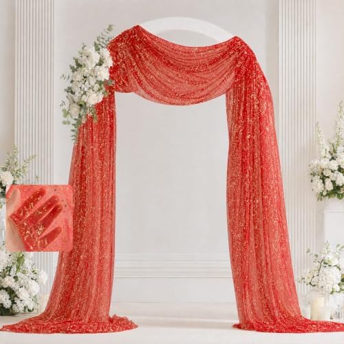 Red Wedding Arch Draping Fabric 1 Panel 28" x 20FT, Glitter Sheer Backdrop Drapes for Wedding Ceremony Birthday