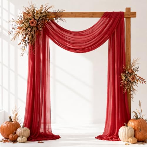 Red Wedding Arch Draping Fabric Sheer Curtain Drapes 2 Panels | 20ft Extra Long Shimmery Backdrop Curtains for