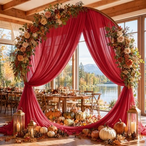 Red Wedding Arch Draping Fabric Sheer Curtain Drapes 2 Panels | 20ft Extra Long Shimmery Backdrop Curtains for, alternate