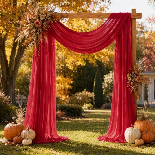Red Wedding Arch Draping Fabric Sheer Curtain Drapes 2 Panels | 20ft Extra Long Shimmery Backdrop Curtains for, alternate