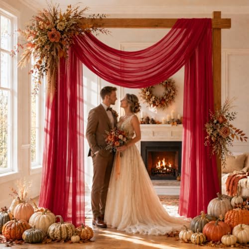 Red Wedding Arch Draping Fabric Sheer Curtain Drapes | 31" x 20 ft Extra Long Shimmery Backdrop Curtains for, alternate view