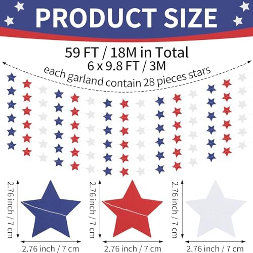 Red White and Blue Star Garland Banner Streamers 59 FT 2.76 Inch, Paper, alternate view 3