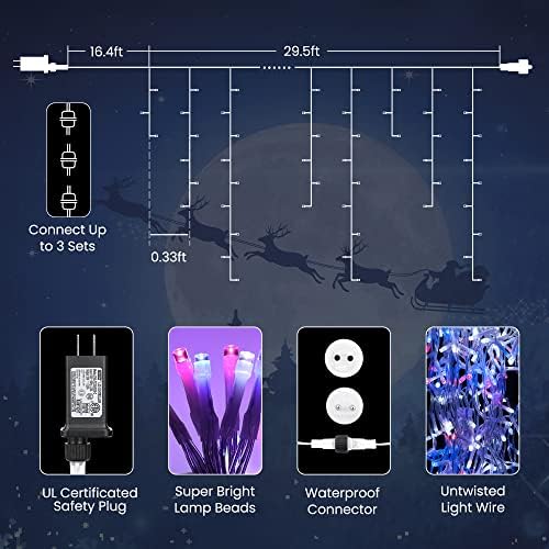 Red White Blue Christmas Icicle Lights, 29.5ft 360 LED Icicle Lights, 8 Modes, 60 Drops, Window Curtain Led, alternate view 7