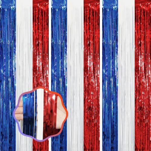 Red White Blue Foil Fringe Backdrop Curtains,3.3x8.2ft, 3 Pack in 3.3x8.2ft