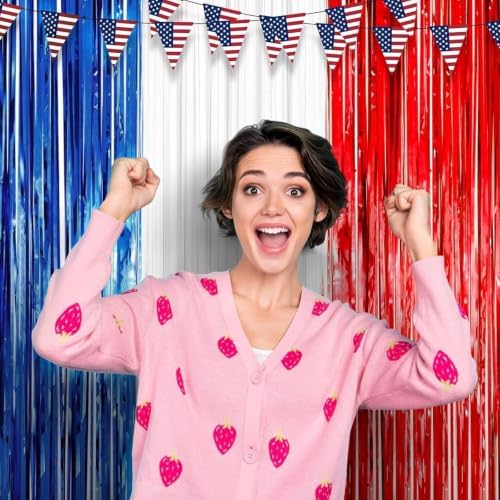 Red White Blue Foil Fringe Backdrop Curtains,3.3x8.2ft, 3 Pack in 3.3x8.2ft, alternate view 2