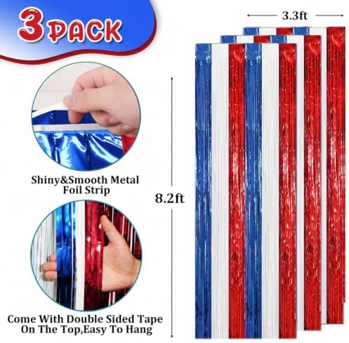 Red White Blue Foil Fringe Backdrop Curtains,3.3x8.2ft, 3 Pack in 3.3x8.2ft, alternate view 3