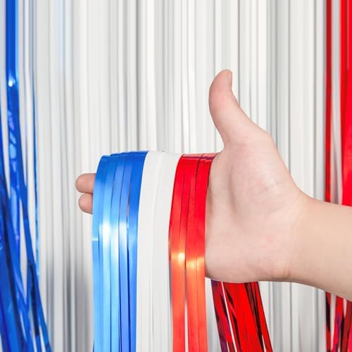 Red White Blue Foil Fringe Backdrop Curtains,3.3x8.2ft, 3 Pack in 3.3x8.2ft, alternate view 4