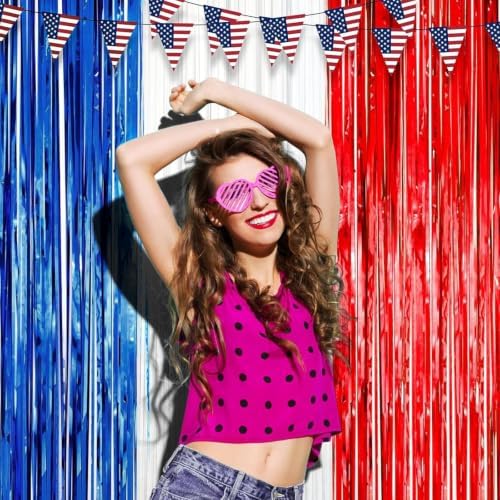 Red White Blue Foil Fringe Backdrop Curtains,3.3x8.2ft, 3 Pack in 3.3x8.2ft, alternate view 7