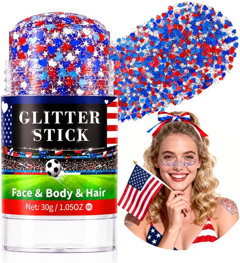 Red White Blue Glitter Stick for Face Hair Body, Waterproof Patriotic Glitter with Heart & Star Sequins, 4th of
