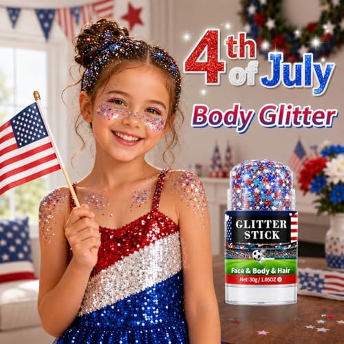 Red White Blue Glitter Stick for Face Hair Body, Waterproof Patriotic Glitter with Heart & Star Sequins, 4th of, alternate