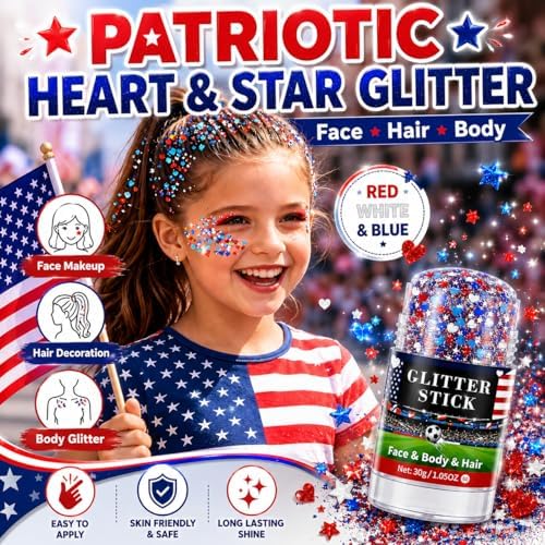 Red White Blue Glitter Stick for Face Hair Body, Waterproof Patriotic Glitter with Heart & Star Sequins, 4th of, alternate
