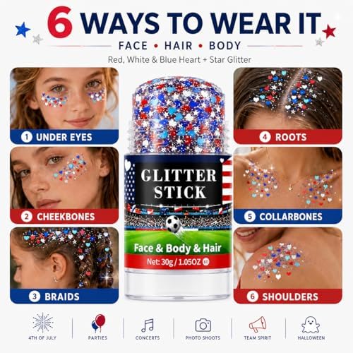 Red White Blue Glitter Stick for Face Hair Body, Waterproof Patriotic Glitter with Heart & Star Sequins, 4th of, alternate