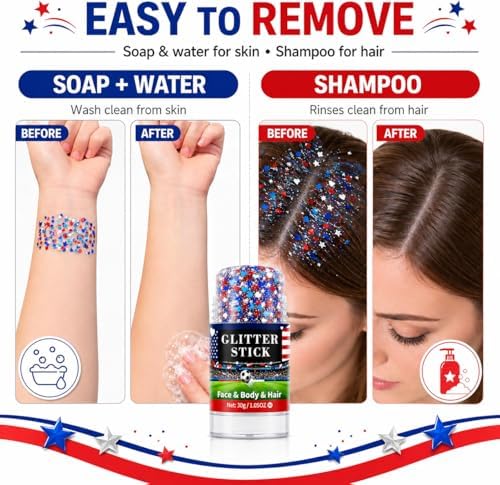 Red White Blue Glitter Stick for Face Hair Body, Waterproof Patriotic Glitter with Heart & Star Sequins, 4th of, alternate