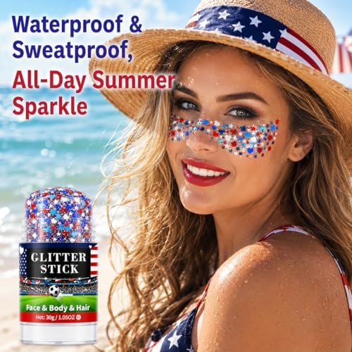 Red White Blue Glitter Stick for Face Hair Body, Waterproof Patriotic Glitter with Heart & Star Sequins, 4th of, alternate