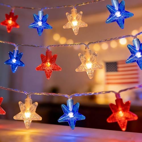 Red White Blue Patriotic String Lights 20FT 40 LED Star Fairy Lights Decor