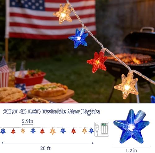 Red White Blue Patriotic String Lights 20FT 40 LED Star Fairy Lights Decor, alternate view 3