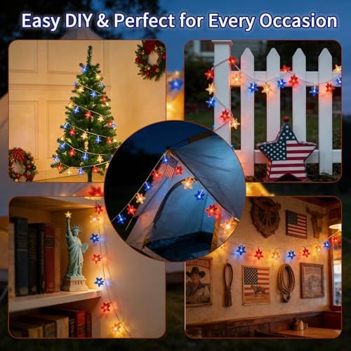 Red White Blue Patriotic String Lights 20FT 40 LED Star Fairy Lights Decor, alternate view 5