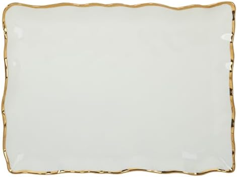 Regency Gold Porcelain Rectangular Platter with Scalloped Edges, Metallic Gold Rim, 16x11.75in, Elegant Serving