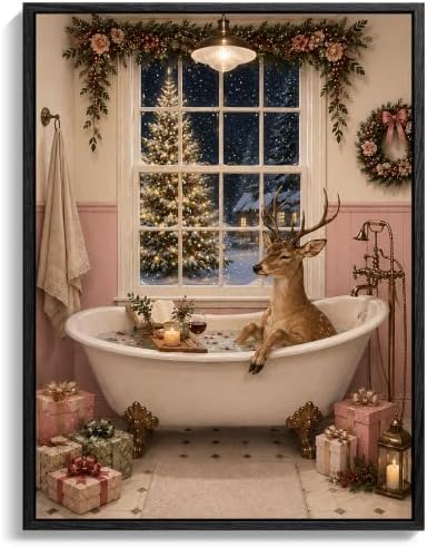 Reindeer in Bathtub Framed Christmas Wall Art, Christmas Bathroom Decor