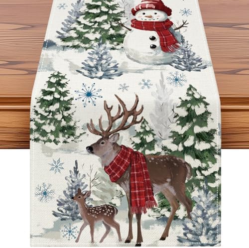 Reindeer Snowman Christmas Tree Table Runner, Xmas Winter Snowflakes Holiday Kitchen Dining Table Decoration for
