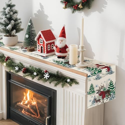 Reindeer Snowman Christmas Tree Table Runner, Xmas Winter Snowflakes Holiday Kitchen Dining Table Decoration for, alternate