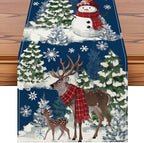 Reindeer Snowman Christmas Tree Table Runner, Xmas Winter Snowflakes Holiday Kitchen Dining Table Decoration for