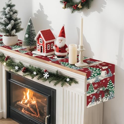 Reindeer Snowman Christmas Tree Table Runner, Xmas Winter Snowflakes Holiday Kitchen Dining Table Decoration for, alternate