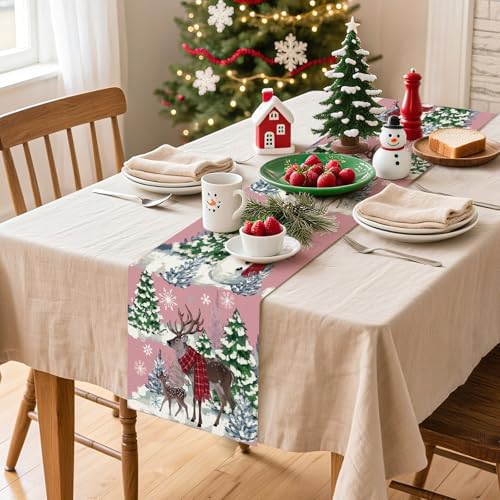 Reindeer Snowman Christmas Tree Table Runner, Xmas Winter Snowflakes Holiday Kitchen Dining Table Decoration for, alternate