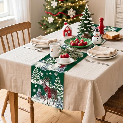 Reindeer Snowman Christmas Tree Table Runner, Xmas Winter Snowflakes Holiday Kitchen Dining Table Decoration for, alternate
