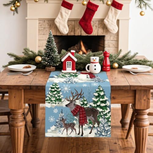 Reindeer Snowman Christmas Tree Table Runner, Xmas Winter Snowflakes Holiday Kitchen Dining Table Decoration for, alternate