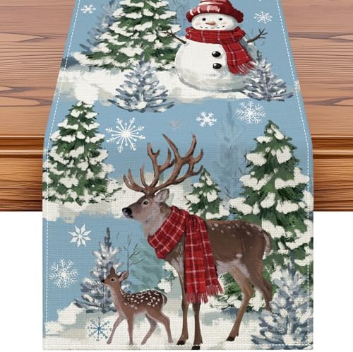 Reindeer Snowman Christmas Tree Table Runner, Xmas Winter Snowflakes Holiday Kitchen Dining Table Decoration for