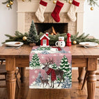 Reindeer Snowman Christmas Tree Table Runner, Xmas Winter Snowflakes Holiday Kitchen Dining Table Decoration for, alternate