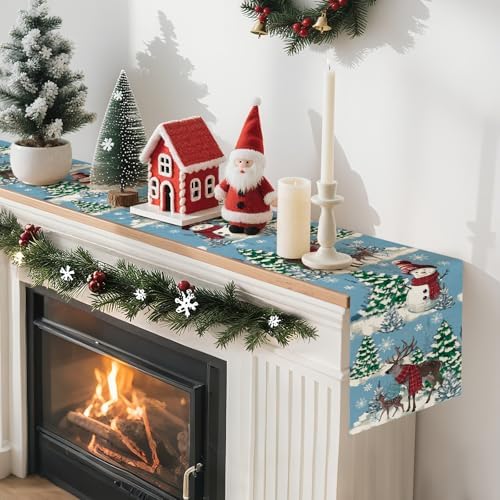 Reindeer Snowman Christmas Tree Table Runner, Xmas Winter Snowflakes Holiday Kitchen Dining Table Decoration for, alternate