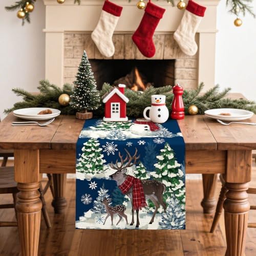 Reindeer Snowman Christmas Tree Table Runner, Xmas Winter Snowflakes Holiday Kitchen Dining Table Decoration for, alternate
