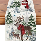 Reindeer Snowman Christmas Tree Table Runner, Xmas Winter Snowflakes Holiday Kitchen Dining Table Decoration for